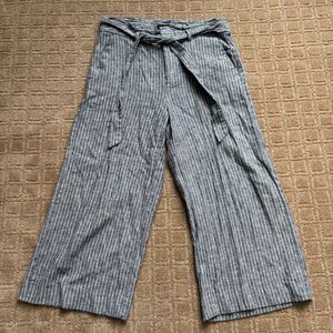 Banana Republic Linen Pants Women's 8 Blue White Stripe Wide Leg Cropped Beachy